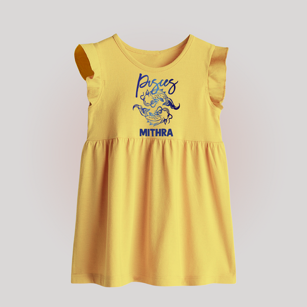 Pisces Fish Zodiac Symbol Printed Baby Frock - PASTEL YELLOW - 0 - 3 Months Old (Chest 17")