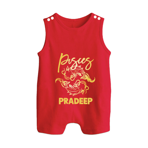 Pisces Fish Zodiac Symbol Printed Button Romper - RED - New Born (Chest 18")
