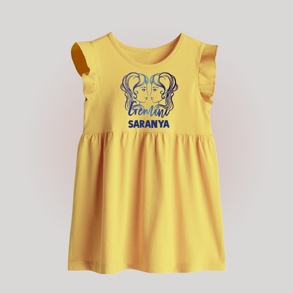 Gemini Twin Star Sign Printed Baby Frock - PASTEL YELLOW - 0 - 3 Months Old (Chest 17")
