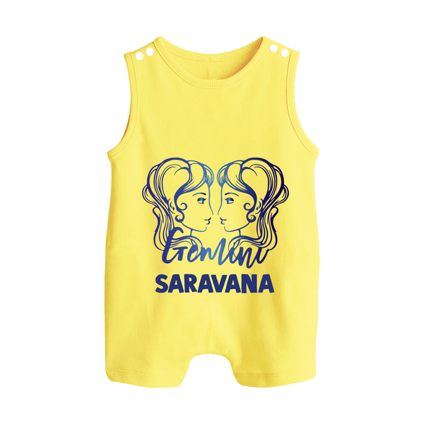 Gemini Twin Star Sign Printed Button Romper - PASTEL YELLOW - New Born (Chest 18")