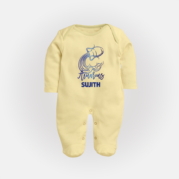Aquarius Water Bearer Zodiac Symbol PrintedFullbody Suit - PASTEL YELLOW - New Born (Chest 7.5")