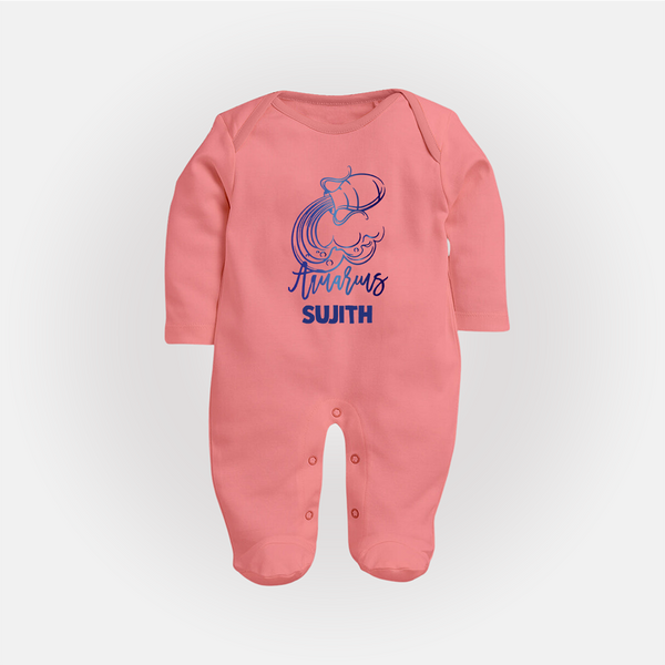 Aquarius Water Bearer Zodiac Symbol PrintedFullbody Suit - PEACH - New Born (Chest 7.5")