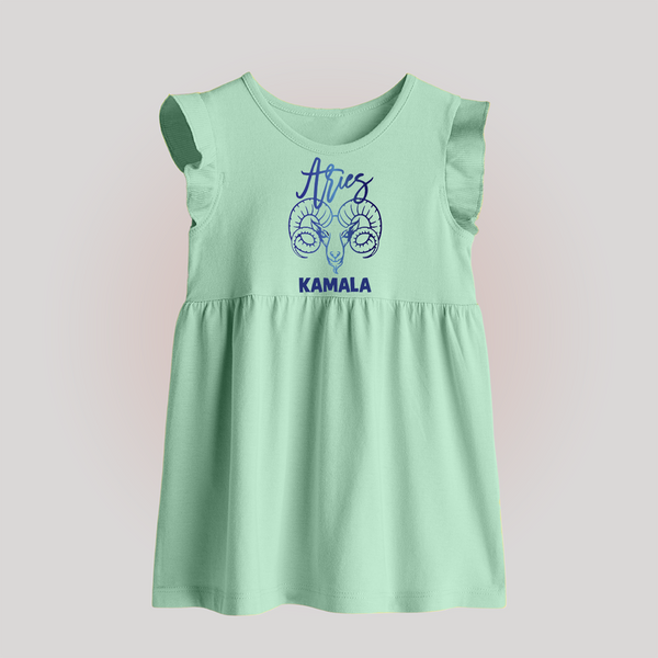 Aries Ram Zodiac Symbol Printed Baby Frock - MINT GREEN - 0 - 3 Months Old (Chest 17")