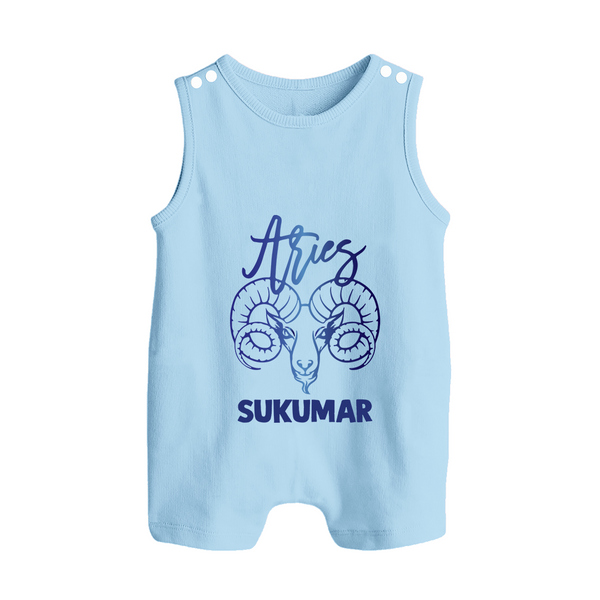Aries Ram Zodiac Symbol Printed Button Romper - BABY BLUE - New Born (Chest 18")