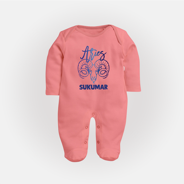 Aries Ram Zodiac Symbol PrintedFullbody Suit - PEACH - New Born (Chest 7.5")