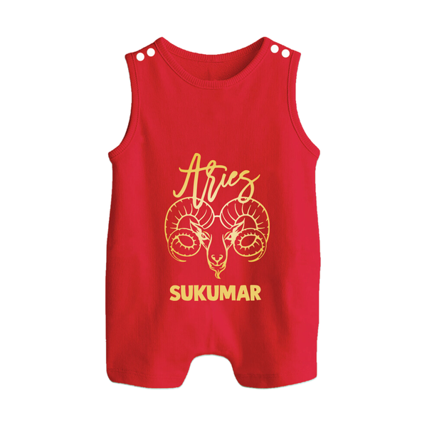 Aries Ram Zodiac Symbol Printed Button Romper - RED - New Born (Chest 18")