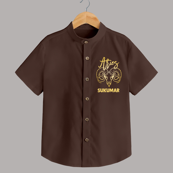 Aries Ram Zodiac Symbol Printed shirt - CHOCOLATE BROWN - 0 - 6 Months Old (Chest 23")