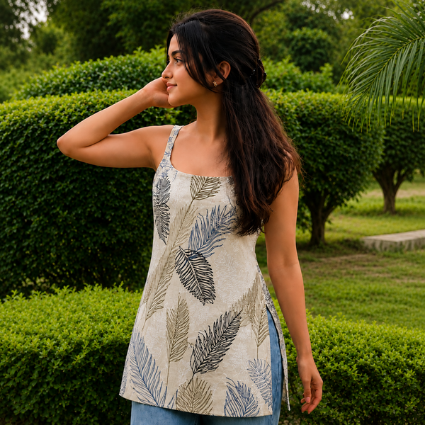 Botanical Breeze Sleeveless A-Line Kurti for Women