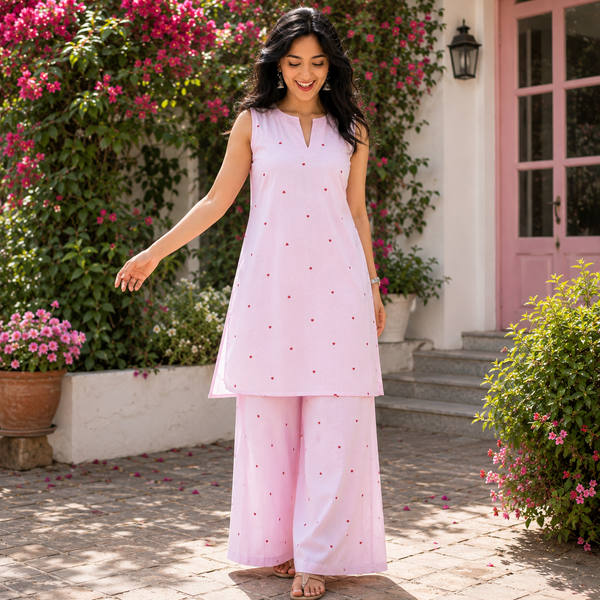 Blush Heart Print Cotton Co-Ord Set for Women