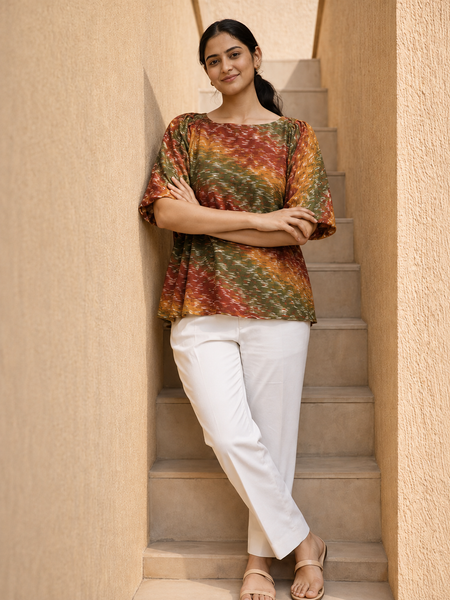 Autumn Ikat Abstract Print Cotton Top
