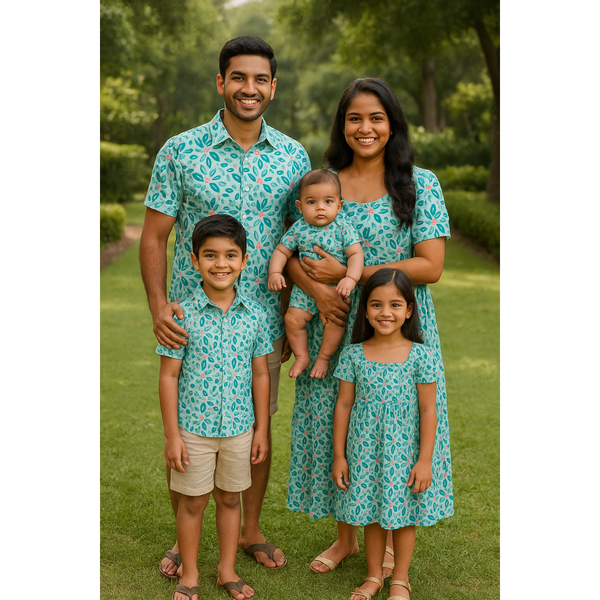 Indian family in coordinated aqua blue leaf print cotton outfits – mom, dad, son, daughter, and baby in fresh summer-themed matching clothing