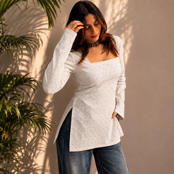 Ivory Blossom Cotton Short Kurti for Women