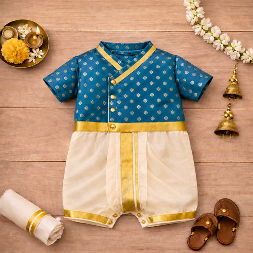 Royal Navy Blue & Gold Baby Dhoti Romper – Traditional Festive Ethnic Outfit