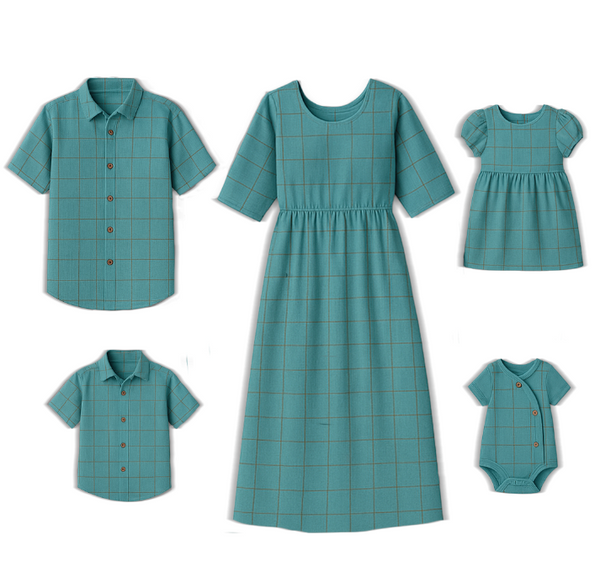 Teal blue checked matching cotton family outfit set – includes shirts, dress, frock, and baby romper