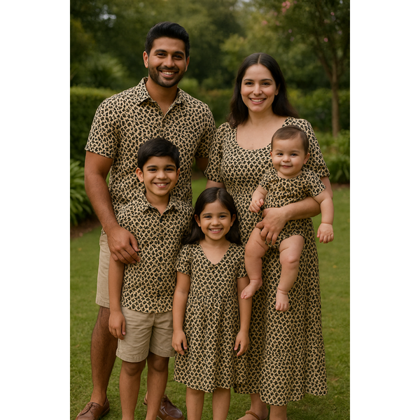 Indian family in coordinated beige and black leopard print cotton outfits – mom, dad, son, daughter, and baby in stylish matching fashion

