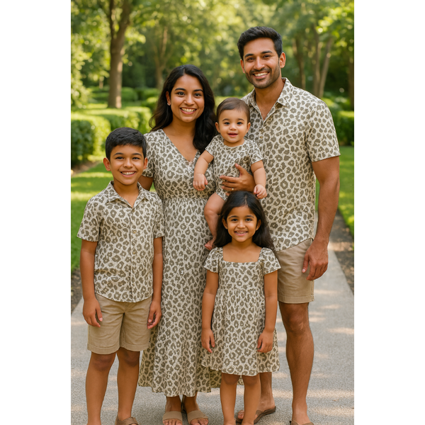 Indian family wearing coordinated beige cheetah print outfits – mom, dad, baby, son, and daughter in neutral-toned matching cotton clothing set

