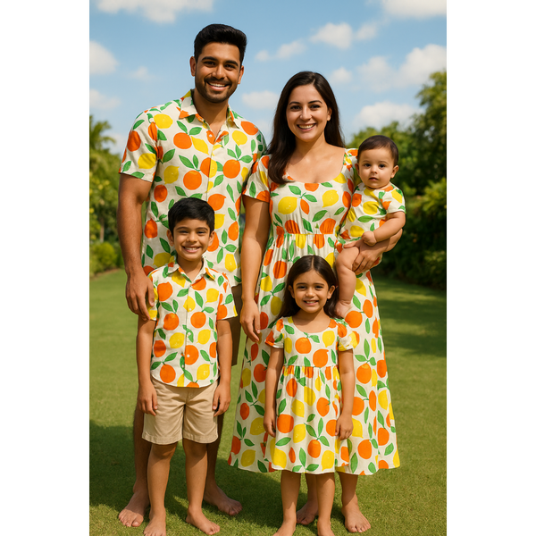 Indian family in coordinated citrus fruit print cotton outfits – mom, dad, son, daughter, and baby in fresh summer-themed matching clothing

