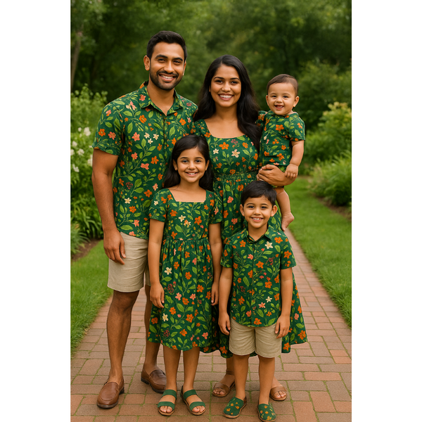 Indian family in coordinated green floral cotton outfits – dad, mom, baby, son, and daughter in cheerful matching dresses and shirts standing on a garden path