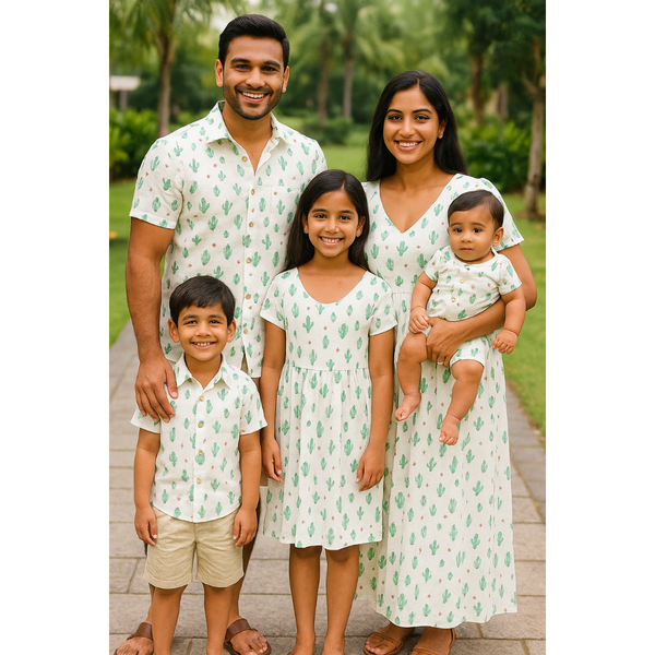 Indian family in coordinated white cactus print cotton outfits – mom, dad, son, daughter, and baby smiling outdoors in matching family wear


