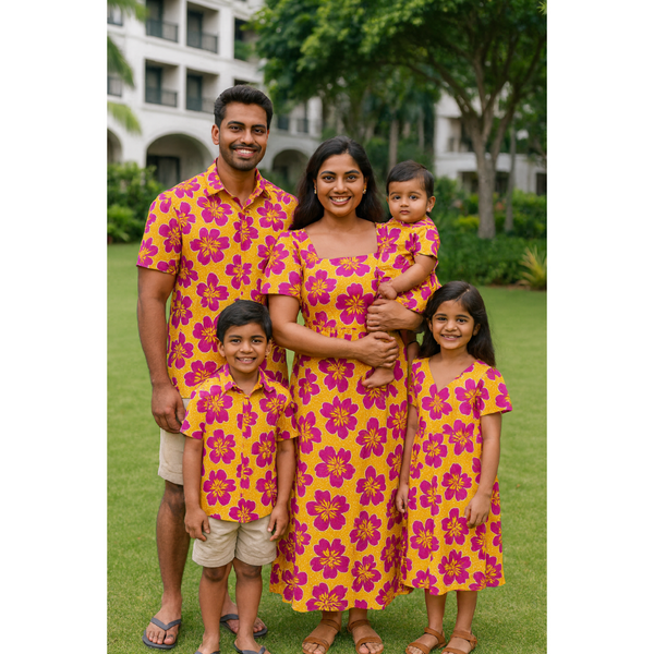 Indian family in coordinated yellow and magenta floral print cotton outfits – mom, dad, son, daughter, and baby in tropical-themed matching clothing

