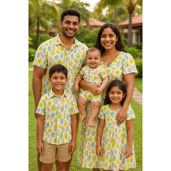 Indian family in coordinated yellow tropical fruit print cotton outfits – mom, dad, son, daughter, and baby in bright summer-themed matching clothing

