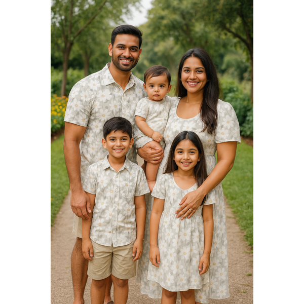 Indian family wearing cream daisy print matching outfits – coordinated cotton summer wear for mom, dad, son, daughter, and baby.