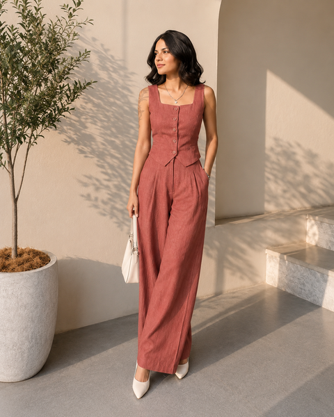 Brown Shade Cotton Vest Coat Co-Ord Set