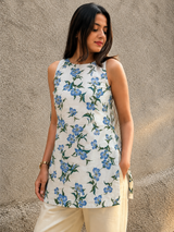 Blue Blossom Floral Cotton Sleeveless Short Kurti for Women