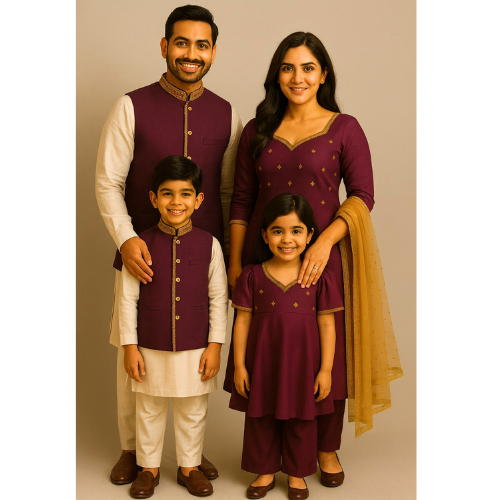 Family wearing coordinated deep plum and cream raw silk ethnic outfits — father, mother, son, and daughter in matching festive Indian attire.