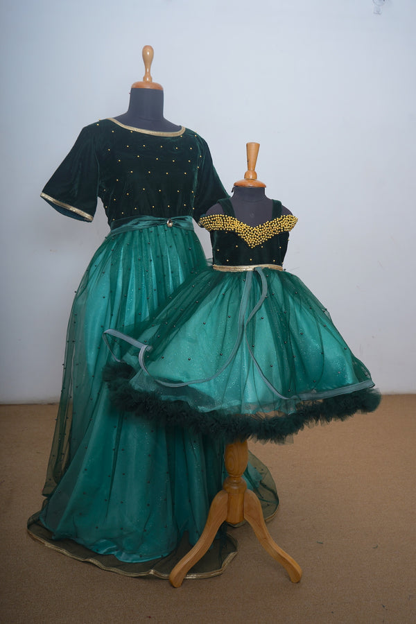 Dark Green Velvet With Aqua Green And Golden Pearls Emphasised Mom Daughter Dress