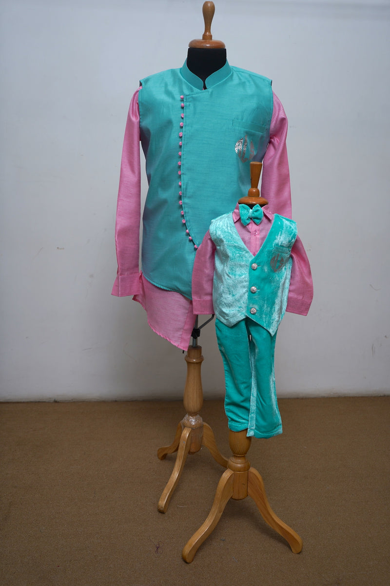 Teel Blue Designer Waist Coat With Pink Shirt Dad Son Combo