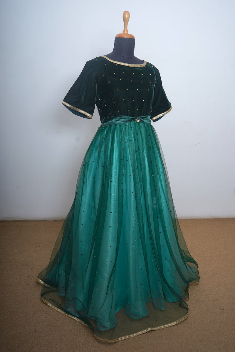Dark Green Velvet With Aqua Green And Golden Emphasised Mom Dress Anveshana Clothing Dark Green Velvet With Aqua Green And Golden Emphasised Mom Dress Anveshana Clothing