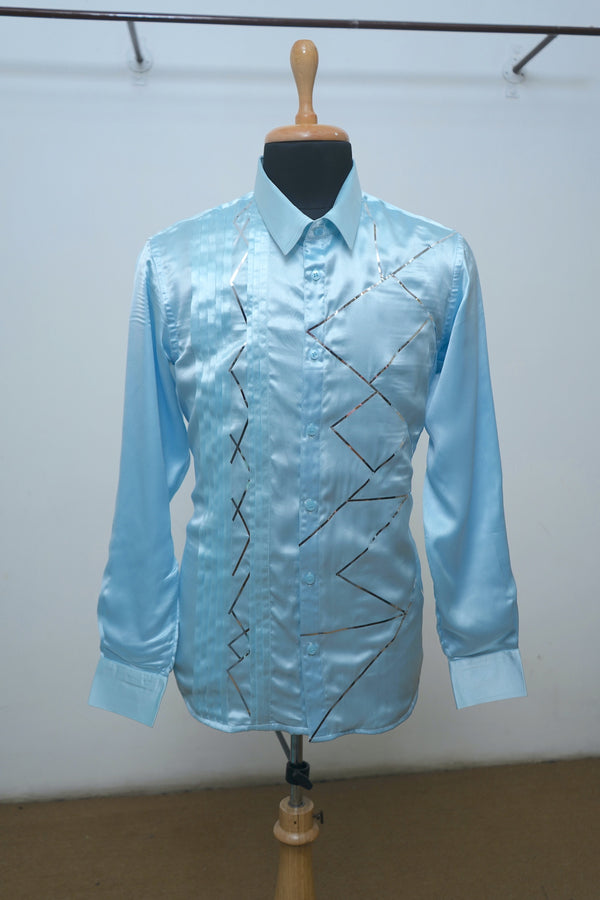 Arctic Blue Satin Shirt With Silver Foil Dad Shirt