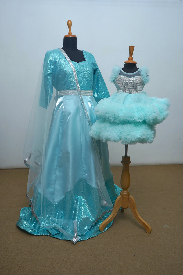 Arctic Blue With Sequin Net ,Satin Mom Daughter Combo