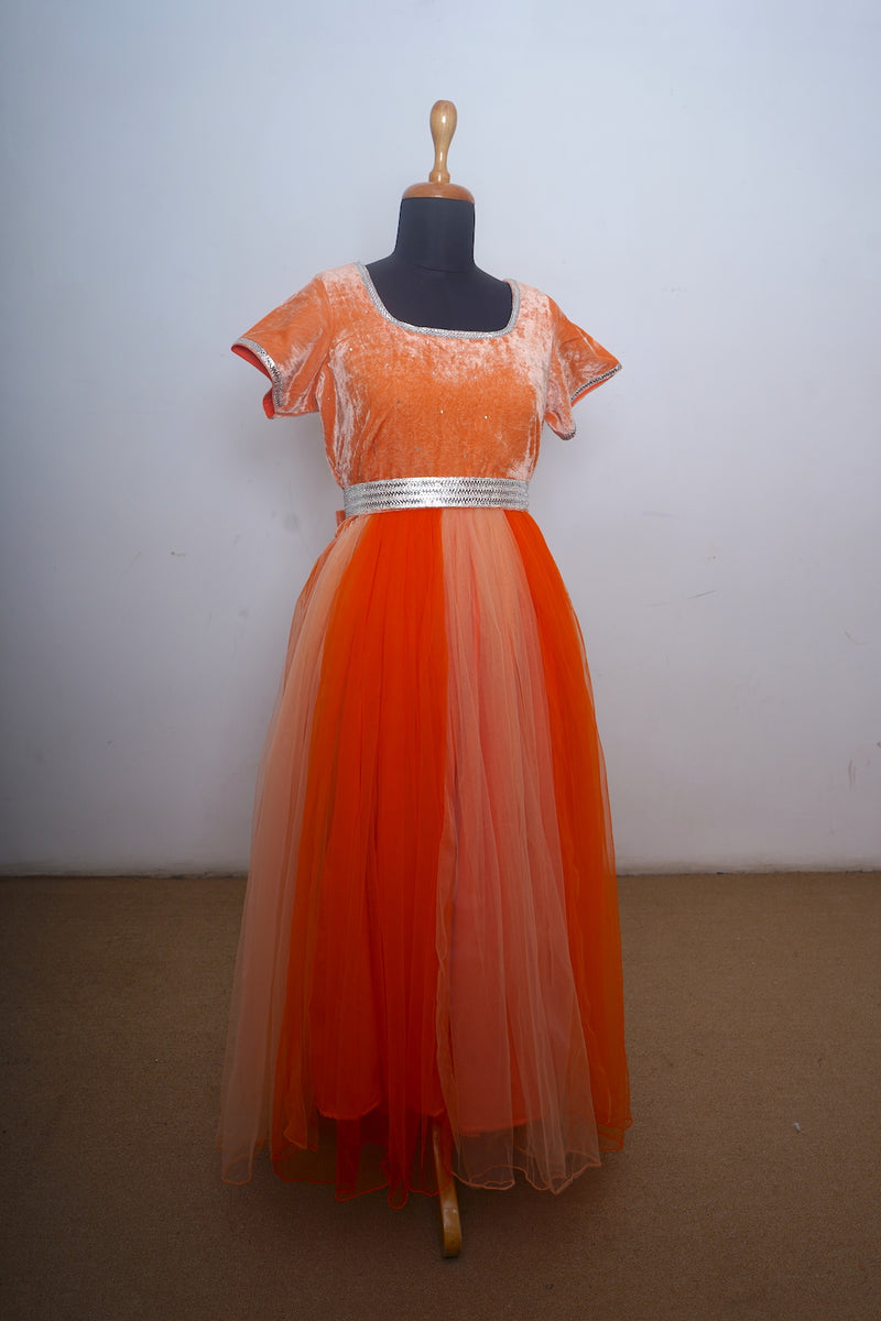 Carrot Orange Net With Velvet Mom Reception Dress
