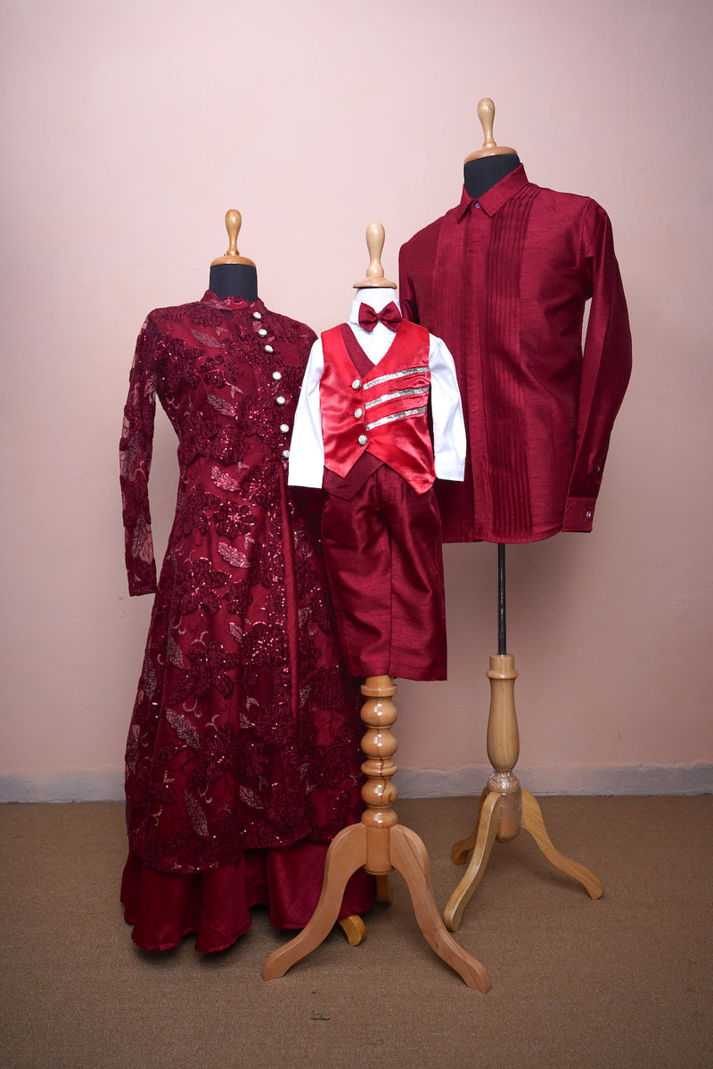 Red Wine Fancy Net with Red Wine Raw Silk Pleated Shirt Family Combo