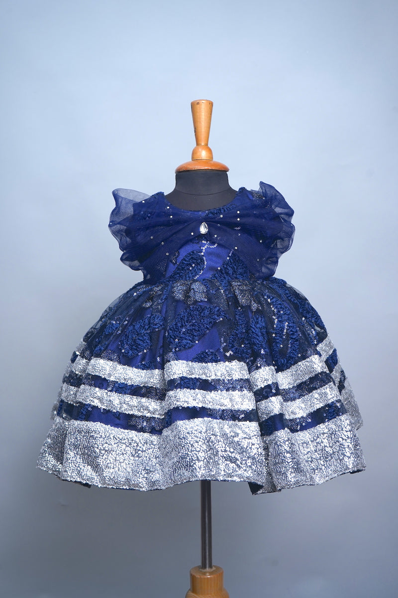 Dark Blue Fancy Net With Silver Sequence Baby Dress