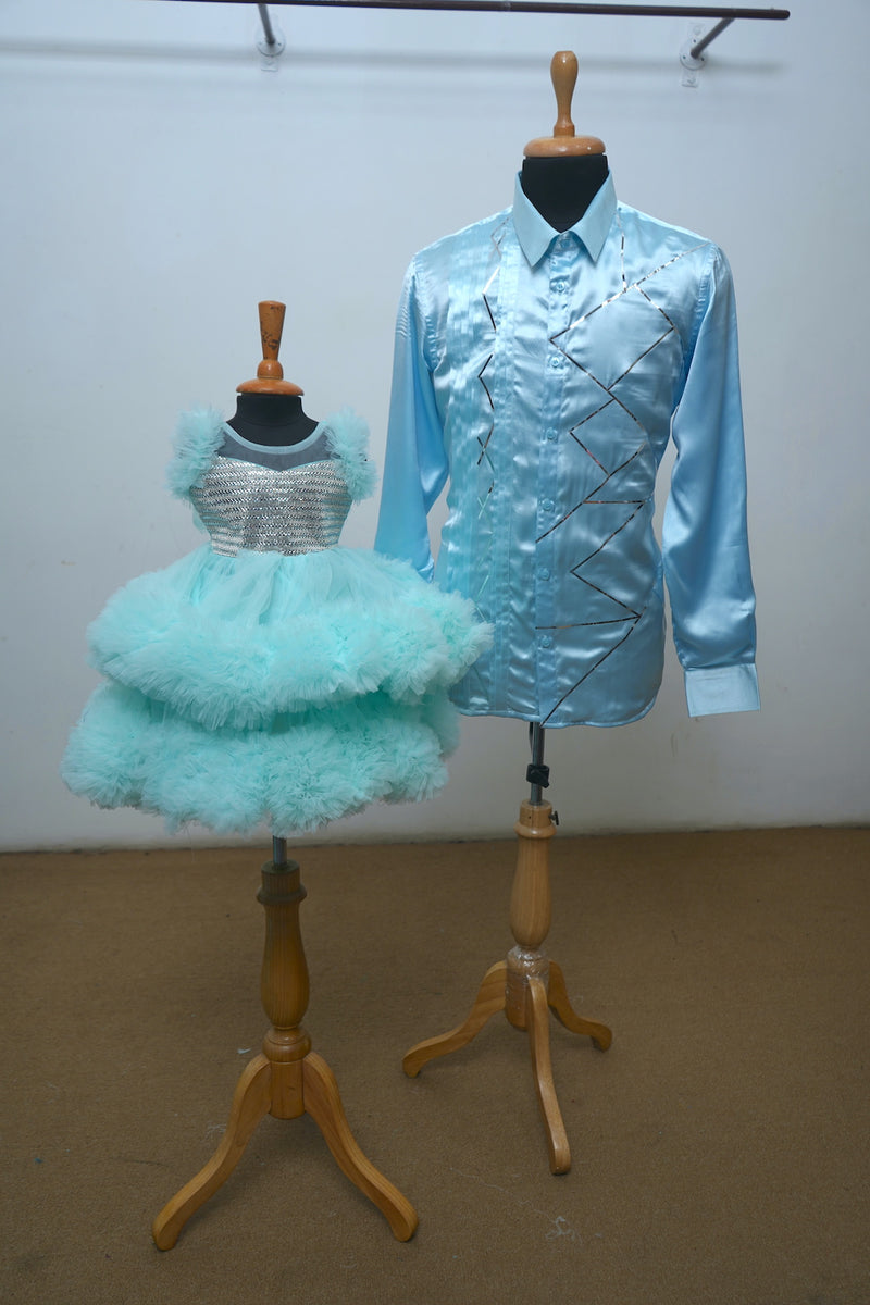 Arctic Blue With Frilled Net Baby Dress And Silver Foiled Satin Shirt Dad Daughter Combo