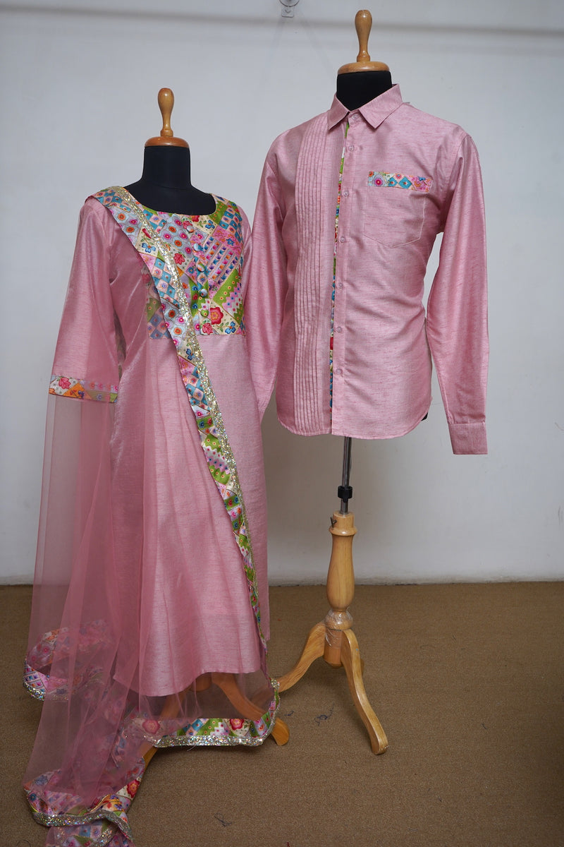 Baby Pink Raw Silk With Zari Embroidery Couple Clothing