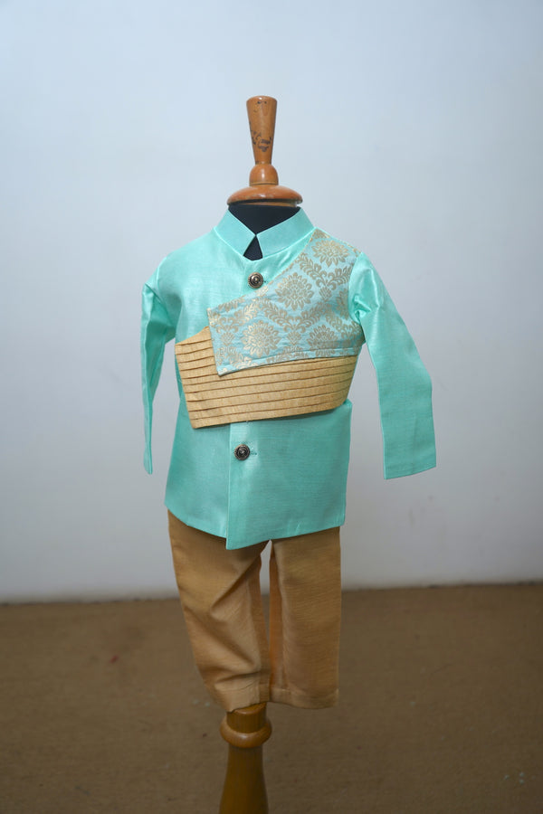 Mint Green Raw Silk With Brocade Asymmentric Kid Kurta