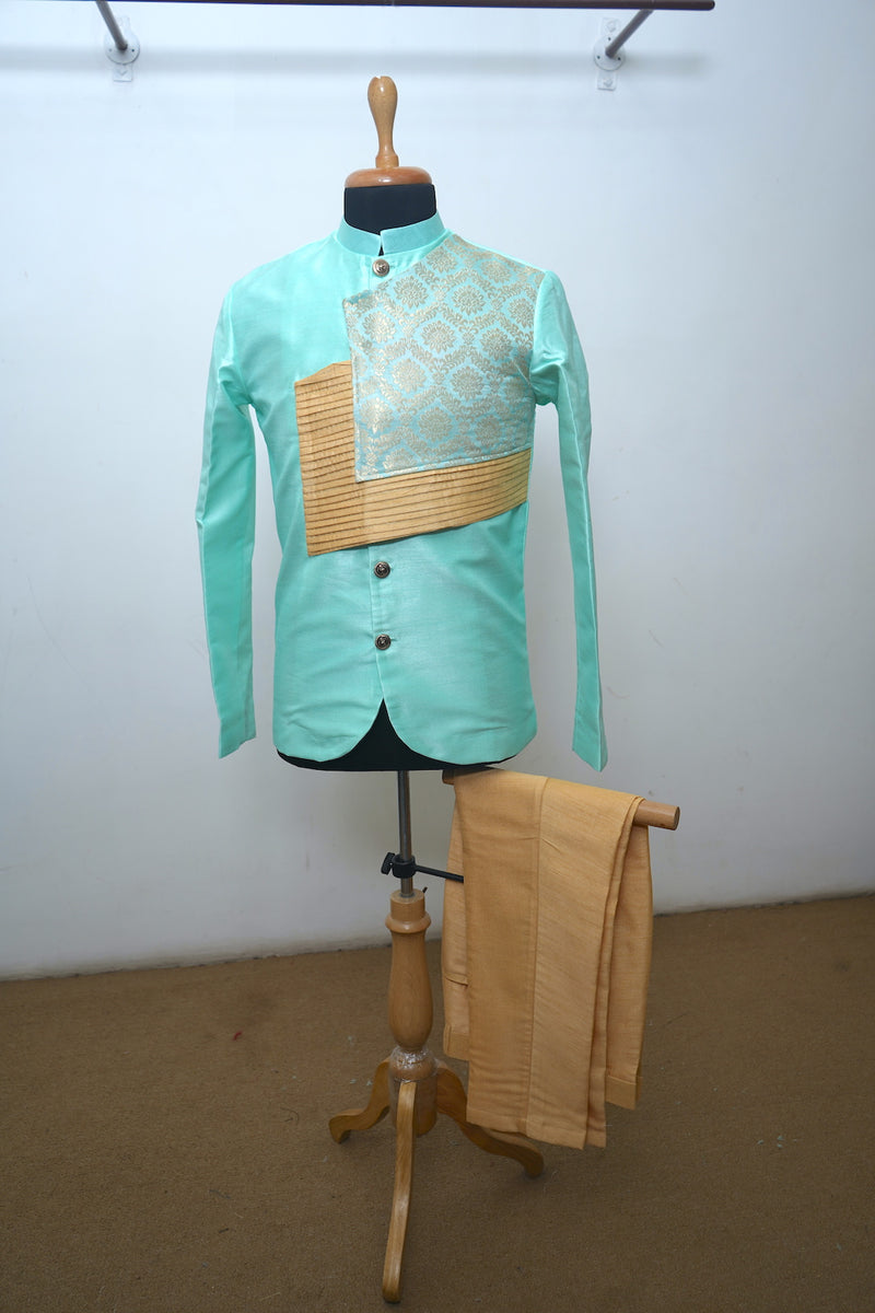 Mint Green Raw Silk With Brocade Jodhpuri Suit For Dad