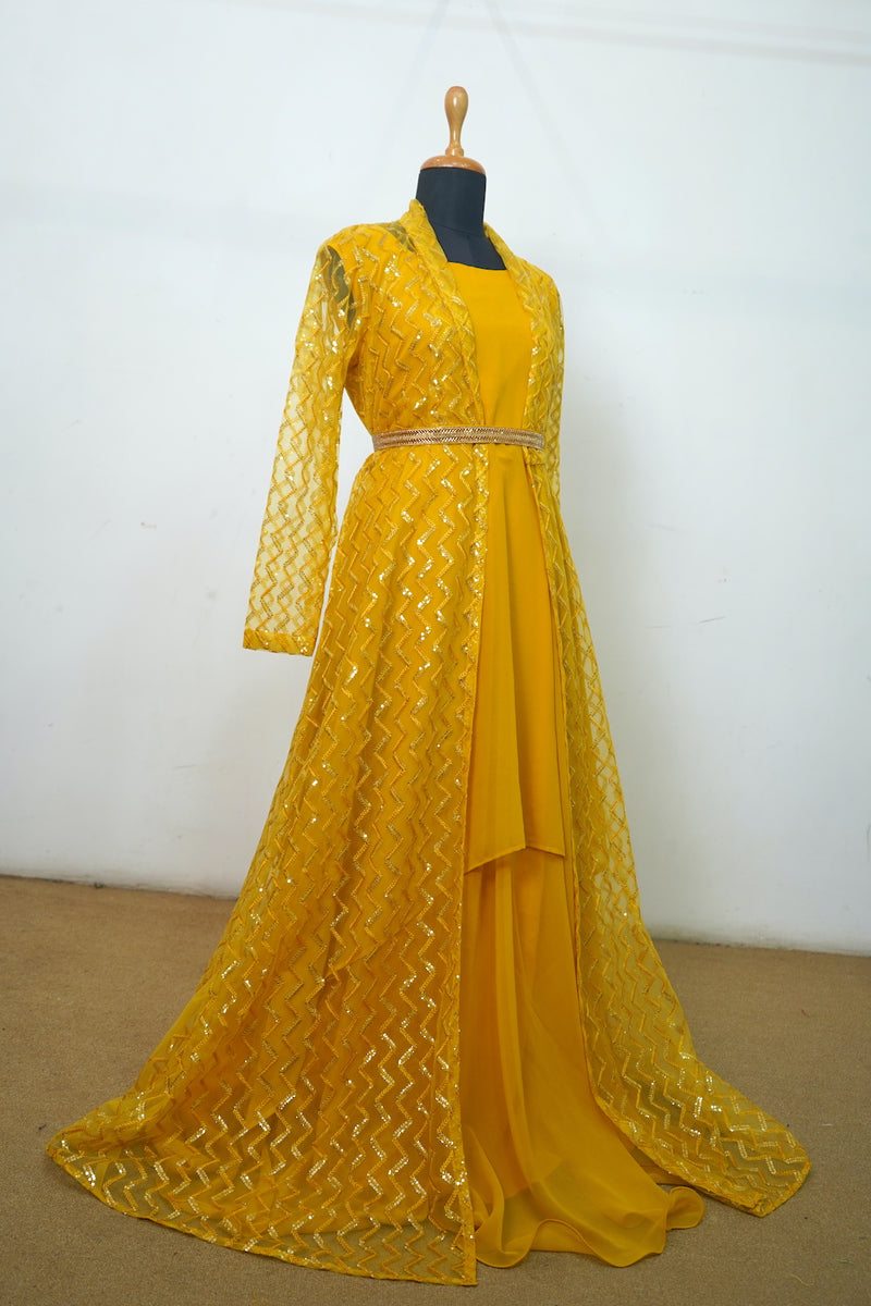 Yellow Sequence Coat With Layered Georgette Mom Dress