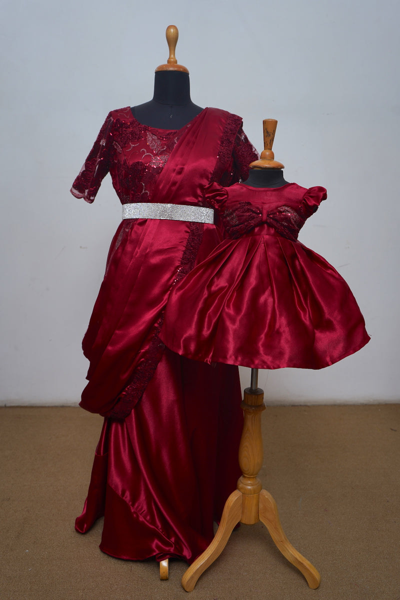 Red Wine Saree Gown And Ball Gown With Fancy Net And Satin Mom Daughter Combo