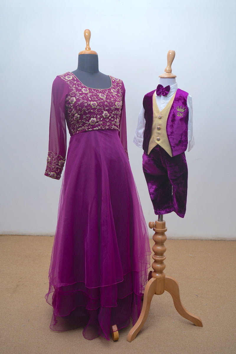 Violet With Golden Emblishment And Golden Raw Silk Family Combo