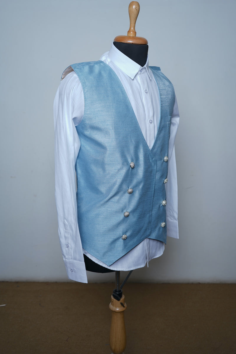 Sea Blue Raw Silk Waist Coat For Dad