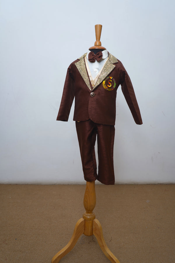 Caramel Raw Silk Kid Suit With Collar Emphasis