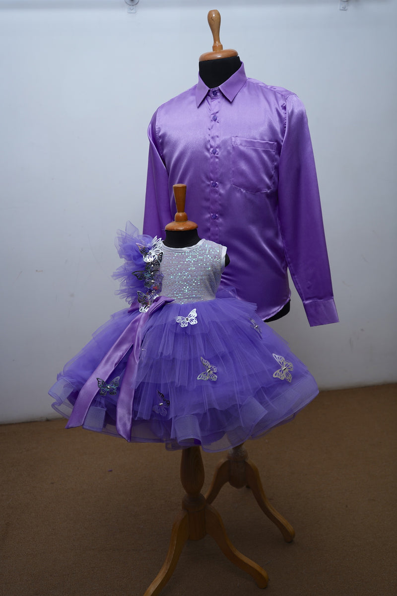 Lavender Satin Shirt And Frill Gown With Silver Foil Butterflies Dad Daughter Combo