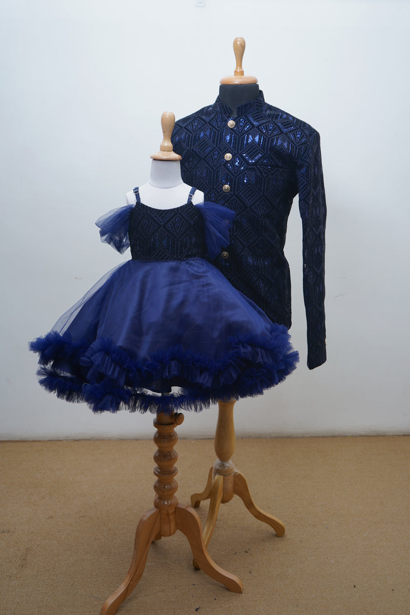 Royal Blue Ball Gown With Printed Velvet Shirt Dad Daughter Combo