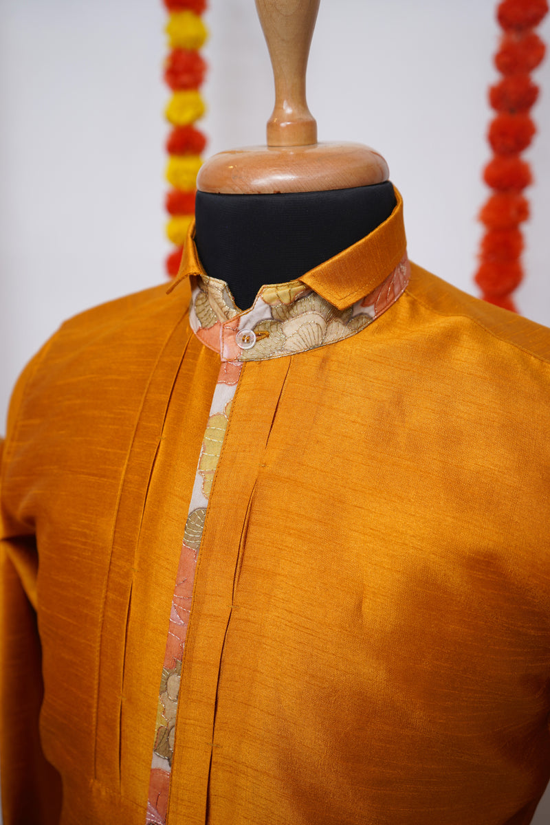 Mustard Yellow Raw Silk With Printed Organza Patches Men Shirt
