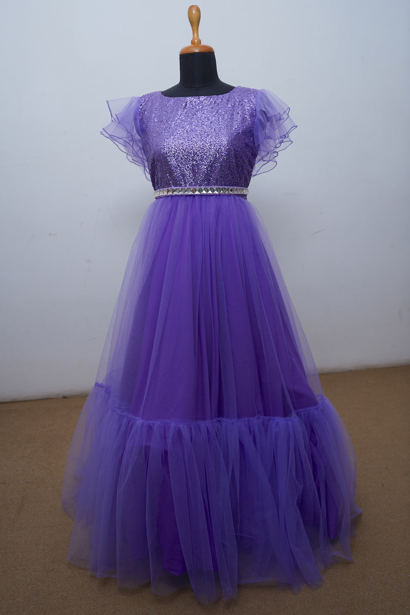 Lavender Pleated gown With Sequence And Net Mom Gown